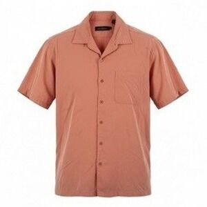 Bugatchi Men M Short Sleeve Shirt Men Salmon Pink Tencel Button Up Pocket Medium